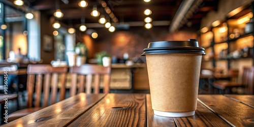 Dark vending coffee in kraft blank paper cup with plastic lid on wooden table at cafe