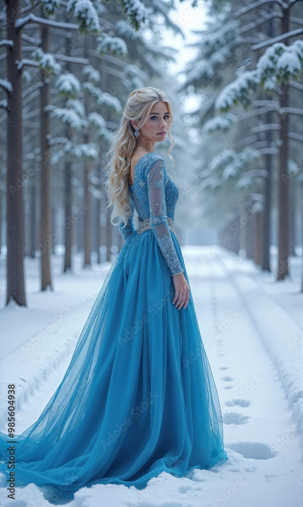 Dressed in an elegant blue gown, a woman with long blonde hair stands amidst a snowy forest, surrounded by tall trees, evoking a tranquil winter atmosphere. Dressed in an elegant blue gown, a woman with long blonde hair stands amidst a snowy forest, surrounded by tall trees, evoking a tranquil winter atmosphere.