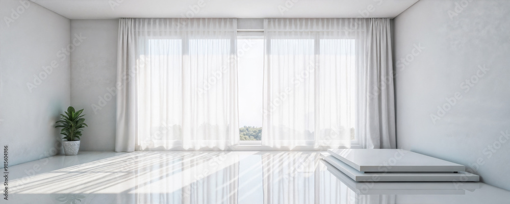 Fototapeta premium Sunlight filters softly through sheer white curtains, illuminating a minimalist room filled with light. The gentle shadows on the floor enhance the serene atmosphere, inviting calmness.