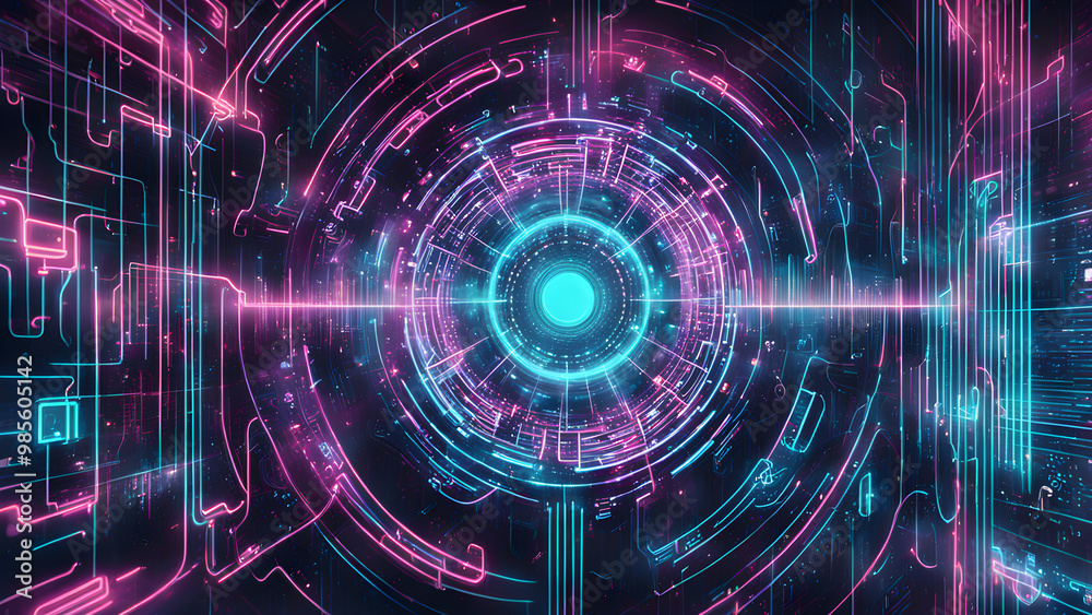 A dynamic, digital artwork featuring a high-tech interface with glowing blue and pink elements, suggesting advanced technology. A dynamic, digital artwork featuring a high-tech interface with glowing blue and pink elements, suggesting advanced technology.