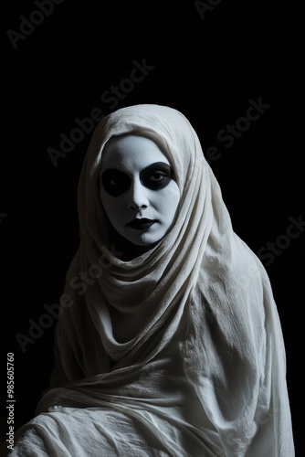 Portrait of a Middle Eastern woman with ghostly white face paint and dark hollow eyes, wearing a flowing white dress, copy space in the middle, in a black background, Halloween theme, haunting