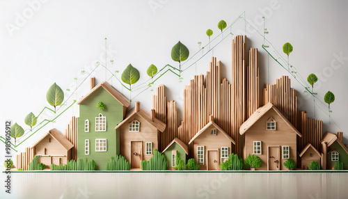 A modern bar and line chart combination showing real estate market trends over the last five years. Uses earthy tones like green and brown, with icons representing houses, apartments, and commercial.