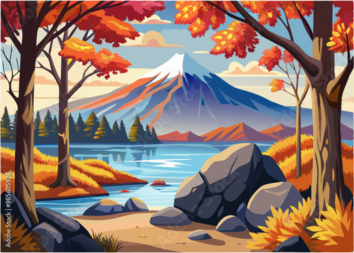 cartoon vector illustration of autumn with lake and yellow trees, mountains and stones, volcanic island in the middle, landscape background