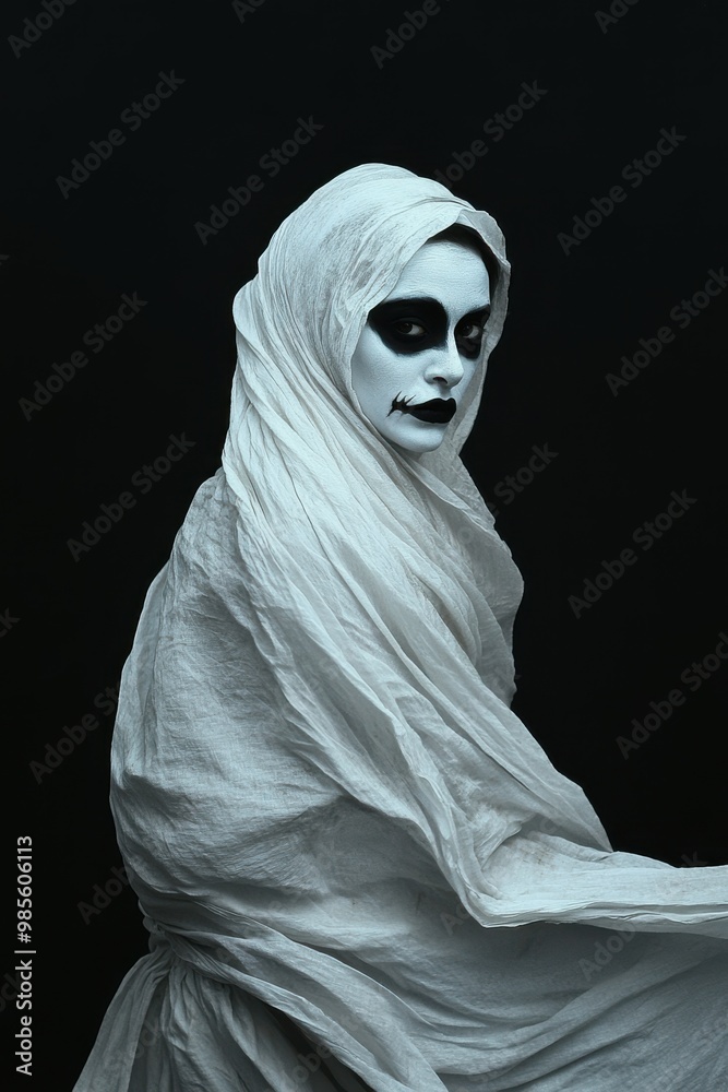 Portrait of a Middle Eastern woman with ghostly white face paint and dark hollow eyes, wearing a flowing white dress, copy space in the middle, in a black background, Halloween theme, haunting Portrait of a Middle Eastern woman with ghostly white face paint and dark hollow eyes, wearing a flowing white dress, copy space in the middle, in a black background, Halloween theme, haunting