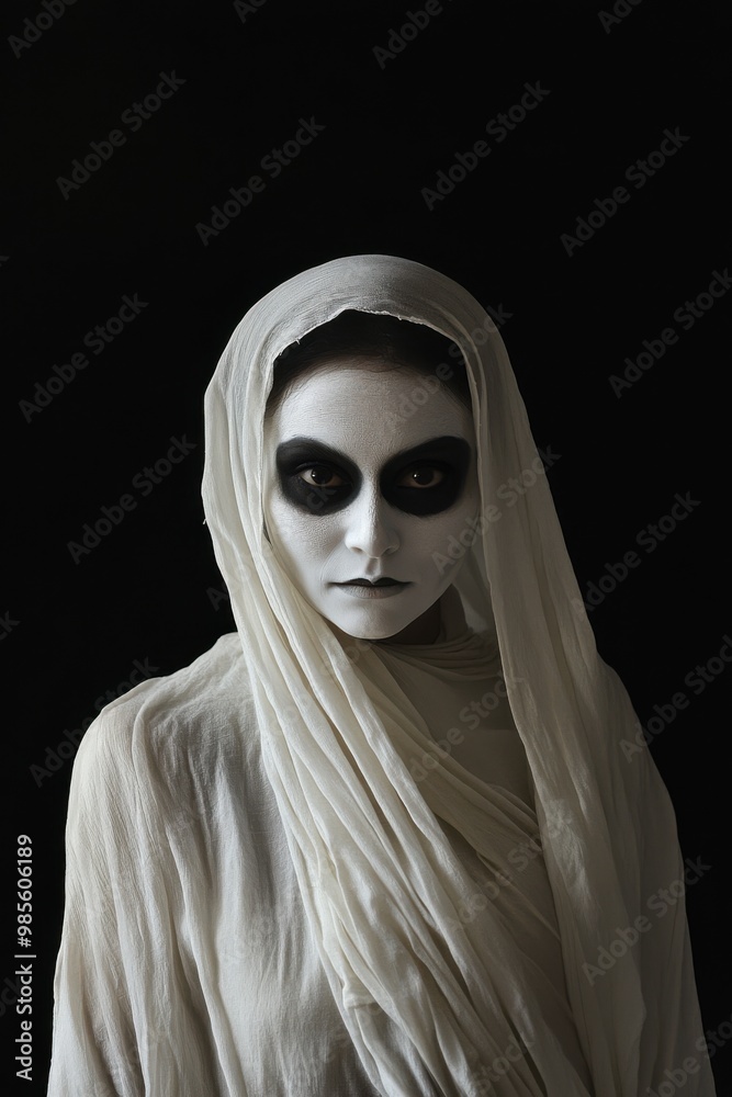 Portrait of a Middle Eastern woman with ghostly white face paint and dark hollow eyes, wearing a flowing white dress, copy space in the middle, in a black background, Halloween theme, haunting Portrait of a Middle Eastern woman with ghostly white face paint and dark hollow eyes, wearing a flowing white dress, copy space in the middle, in a black background, Halloween theme, haunting