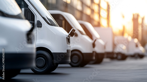Fleet of electric delivery vans charging in a row at sunset, highlighting the shift towards sustainable and eco-friendly transportation solutions.