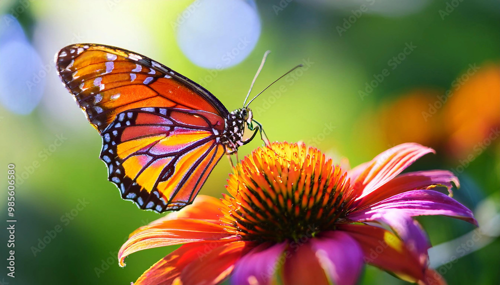 A macro shot of a vibrant butterfly perched on a bright flower, with intricate wing patterns and vivid colors standing out against a blurred, natural green background A macro shot of a vibrant butterfly perched on a bright flower, with intricate wing patterns and vivid colors standing out against a blurred, natural green background