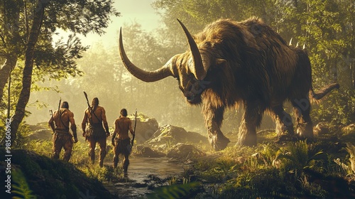 Primitive Humans Encountering a Giant Woolly Mammoth in a Foggy Forest photo