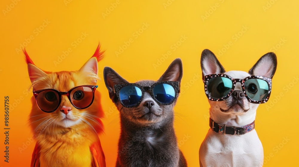 A colorful parrot, trendy cat, and dog in funky sunglasses, looking cool against a vibrant orange backdrop. Great for advertising. A colorful parrot, trendy cat, and dog in funky sunglasses, looking cool against a vibrant orange backdrop. Great for advertising.