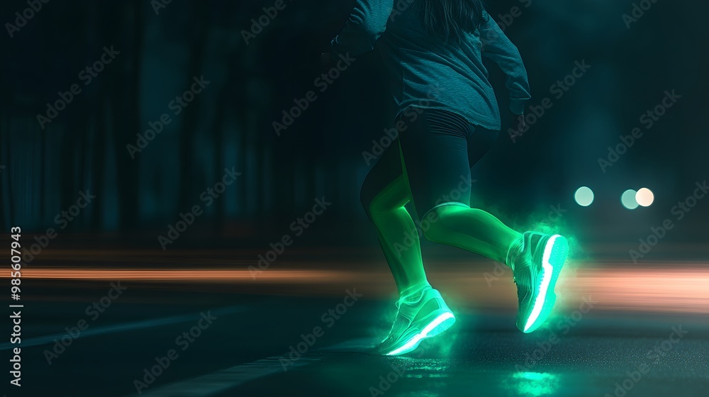 woman running in the night, everything is dark but the shoes that are glowing with a bright green light, woman running in the night, everything is dark but the shoes that are glowing with a bright green light,