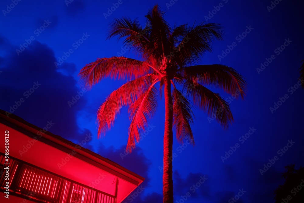 Obraz premium A palm tree stands out in red light against a deep blue sky, with clouds adding texture at twilight near a tropical building