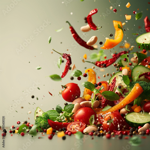 Explosion of healthy vegetables and spices creating a colorful composition