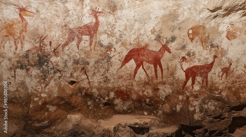 Red Ochre Cave Paintings Depicting Animals photo