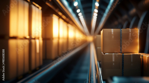 Dynamic scene of packages traveling along an automated conveyor system in a warehouse, illuminated by warm lighting, representing the speed and efficiency of modern logistics.