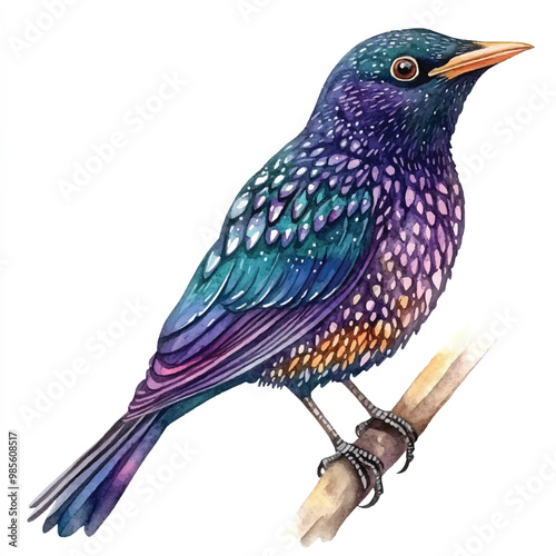 Starling Bird watercolor clipart illustration isolated