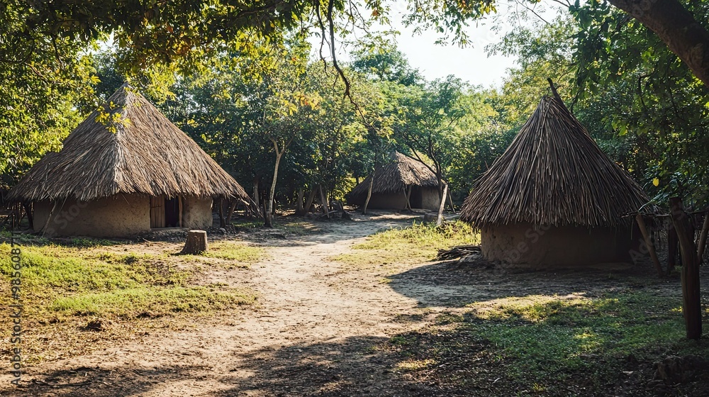Three Mud Brick Huts with Thatched Roofs in a Forest Clearing Three Mud Brick Huts with Thatched Roofs in a Forest Clearing