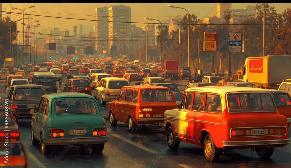 Fototapeta premium Cinematic still of a traffic jam in Moscow, with numerous old Russian cars from the late 1980s and early 1990s driving on the highway in the late afternoon. Created with Ai