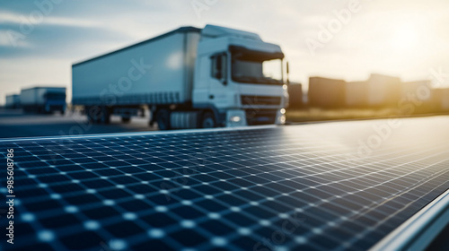 Solar panel in the foreground and trucks in the background at sunset, emphasizing the integration of renewable energy in the logistics industry.