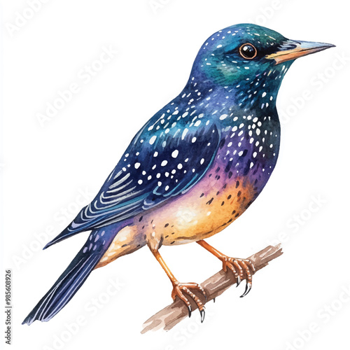 Starling Bird watercolor clipart illustration isolated