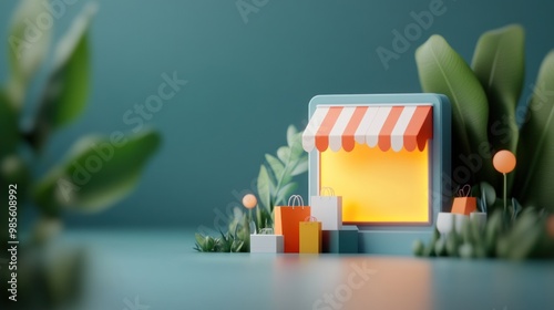 3d image of a transparent digital signboard in an online store setting, with floating sale icons and product images designed to enhance online product advertisements and promotions.