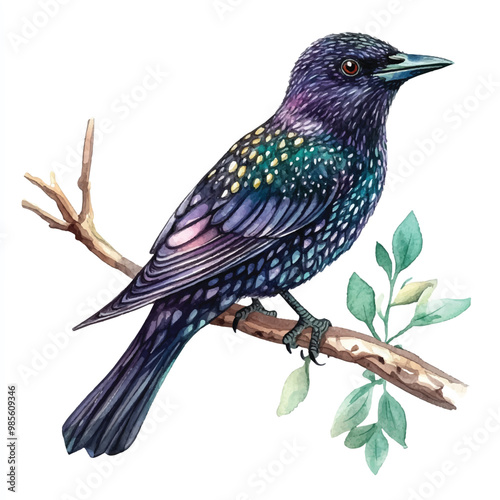 Starling Bird watercolor clipart illustration isolated