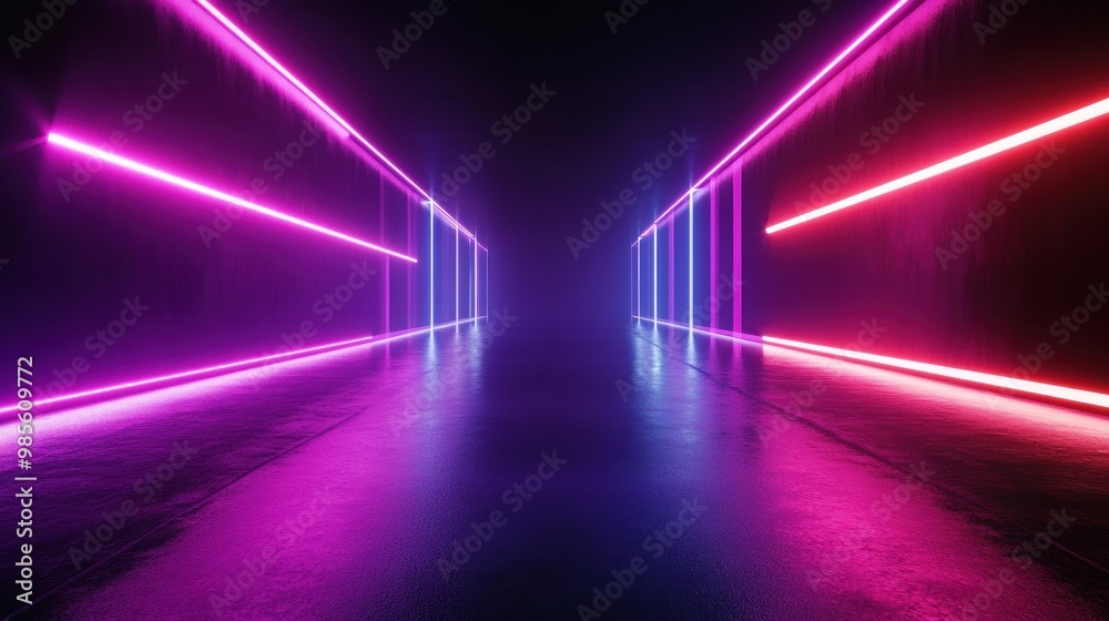 A long, dark corridor with glowing pink and blue neon lights on the walls and floor. A long, dark corridor with glowing pink and blue neon lights on the walls and floor.