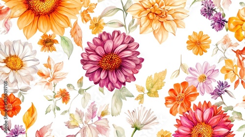 Watercolor Floral Pattern with Sunflowers Daisies and Dahlias