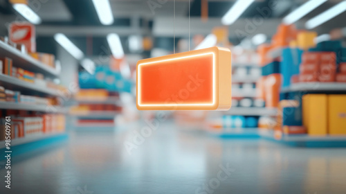 a futuristic 3D image of a holographic product sign floating above a shopping aisle the sign glows with neon lights .