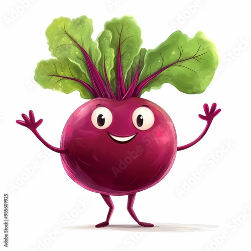 A cute cartoon rootbeet with a smiling face big eyes, little arms and legs, in a playful style, with a clean white background photo