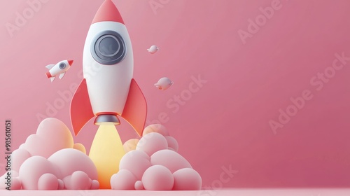 3D Rendered Cartoon Rocket Taking Off With Clouds.