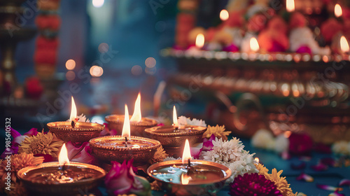 Velas tradicionales encendidas para la celebración de Diwali photo