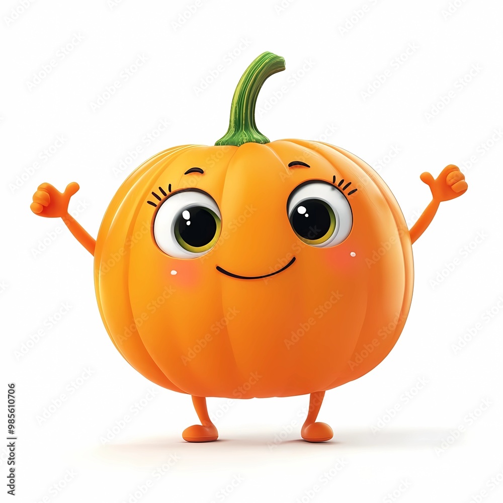 A cute cartoon pumpkin with a smiling face big eyes, little arms and legs, in a playful style, with a clean white background A cute cartoon pumpkin with a smiling face big eyes, little arms and legs, in a playful style, with a clean white background