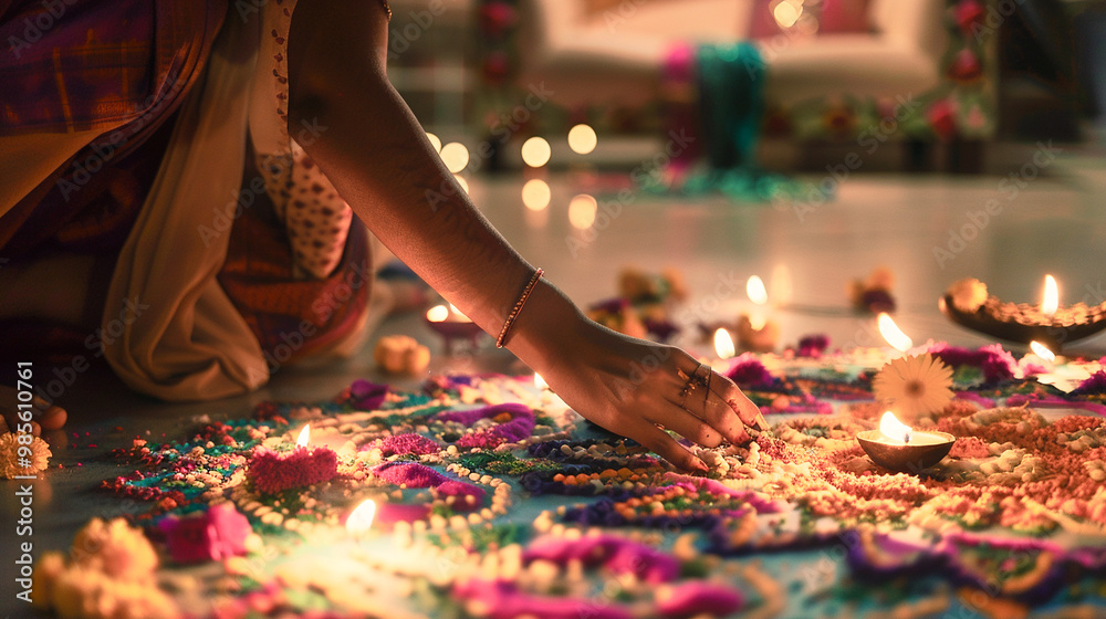 Decoración de Rangoli con flores y velas para Diwali Decoración de Rangoli con flores y velas para Diwali