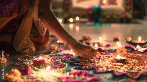 Decoración de Rangoli con flores y velas para Diwali
