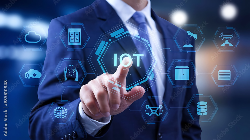 IOT, business suit interacting with a futuristic IOT interface, Internet of Things, smart technology, digital interaction, IoT integration IOT, business suit interacting with a futuristic IOT interface, Internet of Things, smart technology, digital interaction, IoT integration
