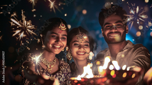 Familia celebrando Diwali con lámparas y fuegos artificiales photo