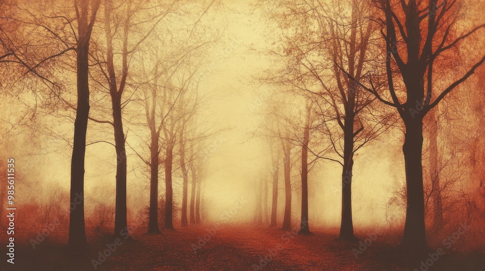 Mystical forest path with fog and silhouette trees in autumn colors. Mystical forest path with fog and silhouette trees in autumn colors.