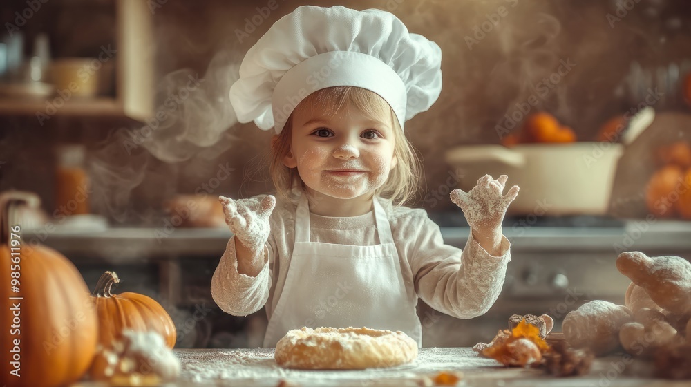 child chef hat kid face flour cooking baking knead dough pumpkin tart cake homemade hands preparing food kitchen delicious tasty pastry halloween christmas seasonal autumn celebration. child chef hat kid face flour cooking baking knead dough pumpkin tart cake homemade hands preparing food kitchen delicious tasty pastry halloween christmas seasonal autumn celebration.