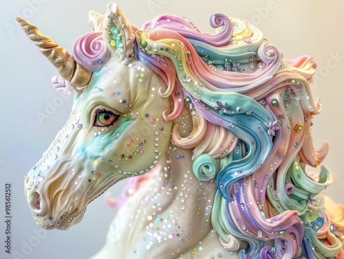 A beautifully crafted unicorn figurine, featuring a shimmering mane in pastel colors and detailed embellishments, capturing a magical and whimsical essence.