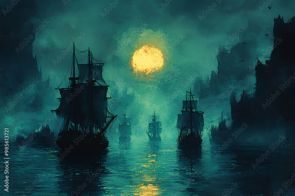 Fototapeta premium Ghostly pirate crew, returning to their cursed treasure, eerie island, Watercolor style