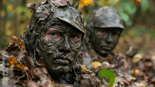 Close-up of a soldier's face covered in camouflage mud and leaves in a woodland setting. photo