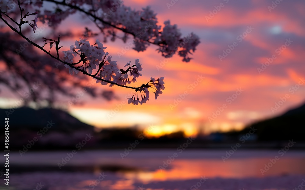 Silhouetted cherry blossoms against a vibrant sunset sky reflecting on a calm lake.