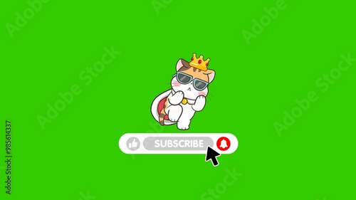 Animated subscribe, cute cat wearing sunglasses dressed as a king dancing 2D animation on green screen