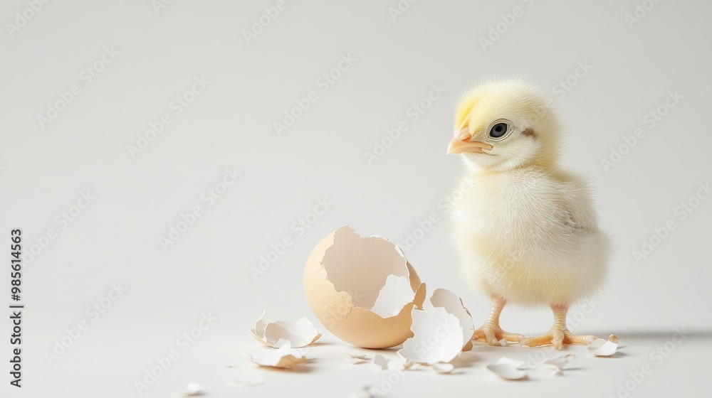 A baby chick stands in front of an egg that has been cracked open A baby chick stands in front of an egg that has been cracked open