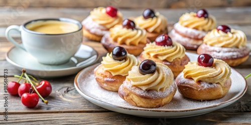 Traditional Italian zeppole di san giuseppe dessert with espresso coffee, filled with custard cream and black cherries, perfect for Saint Joseph's Day or Father's Day celebration