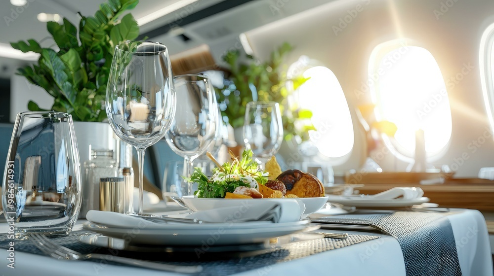Experience the epitome of luxury with a high-end dining setup inside a private jet, featuring fine dining arrangements and exquisite food that showcases the lavish lifestyle of air travel. Experience the epitome of luxury with a high-end dining setup inside a private jet, featuring fine dining arrangements and exquisite food that showcases the lavish lifestyle of air travel.
