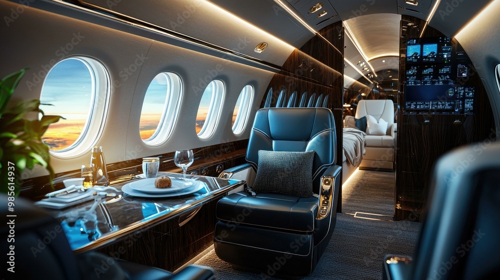 Fototapeta premium Step into a luxurious private airplane interior featuring soft lighting, plush seating, and elegant decor that captures the essence of an extraordinary life in the sky.