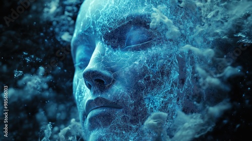 A digital rendering of a woman's face, partially obscured by smoke-like particles, the face is made up of small glowing dots, creating a futuristic and ethereal effect.