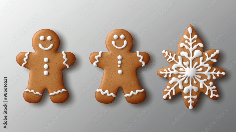 set of gingerbread cookies with the shape of a man, a snowflake and a Christmas tree with white icing on transparent. Christmas gingerbread set of gingerbread cookies with the shape of a man, a snowflake and a Christmas tree with white icing on transparent. Christmas gingerbread