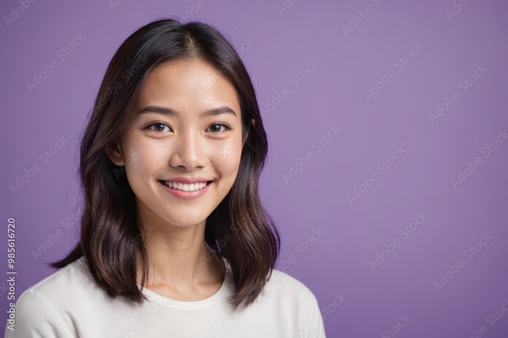 Full framed very close face portrait of a smiling young asian woman with violet eyes looking at the camera, studio shot,violet background. Full framed very close face portrait of a smiling young asian woman with violet eyes looking at the camera, studio shot,violet background.